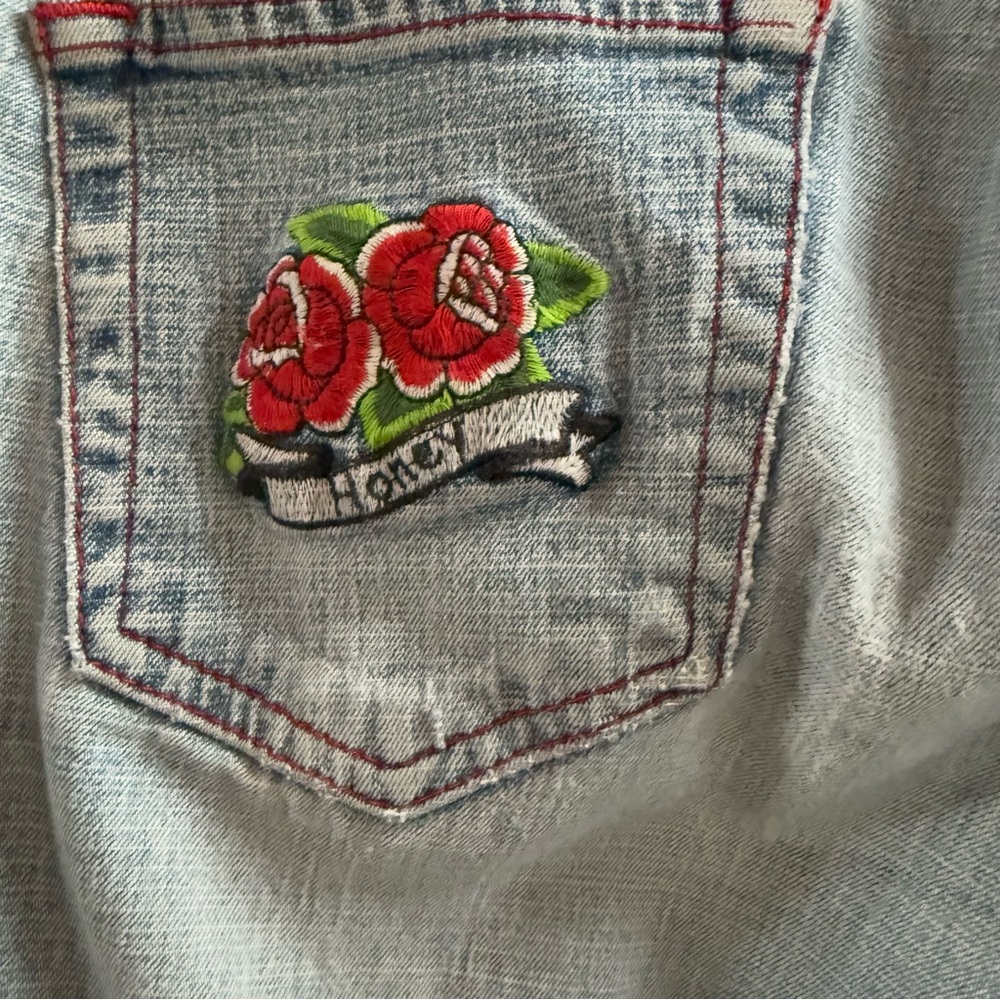 Lei Jeans Y2K Bootcut Light Wash Denim Jeans with Red floral logo size 7 - Picture 11 of 15